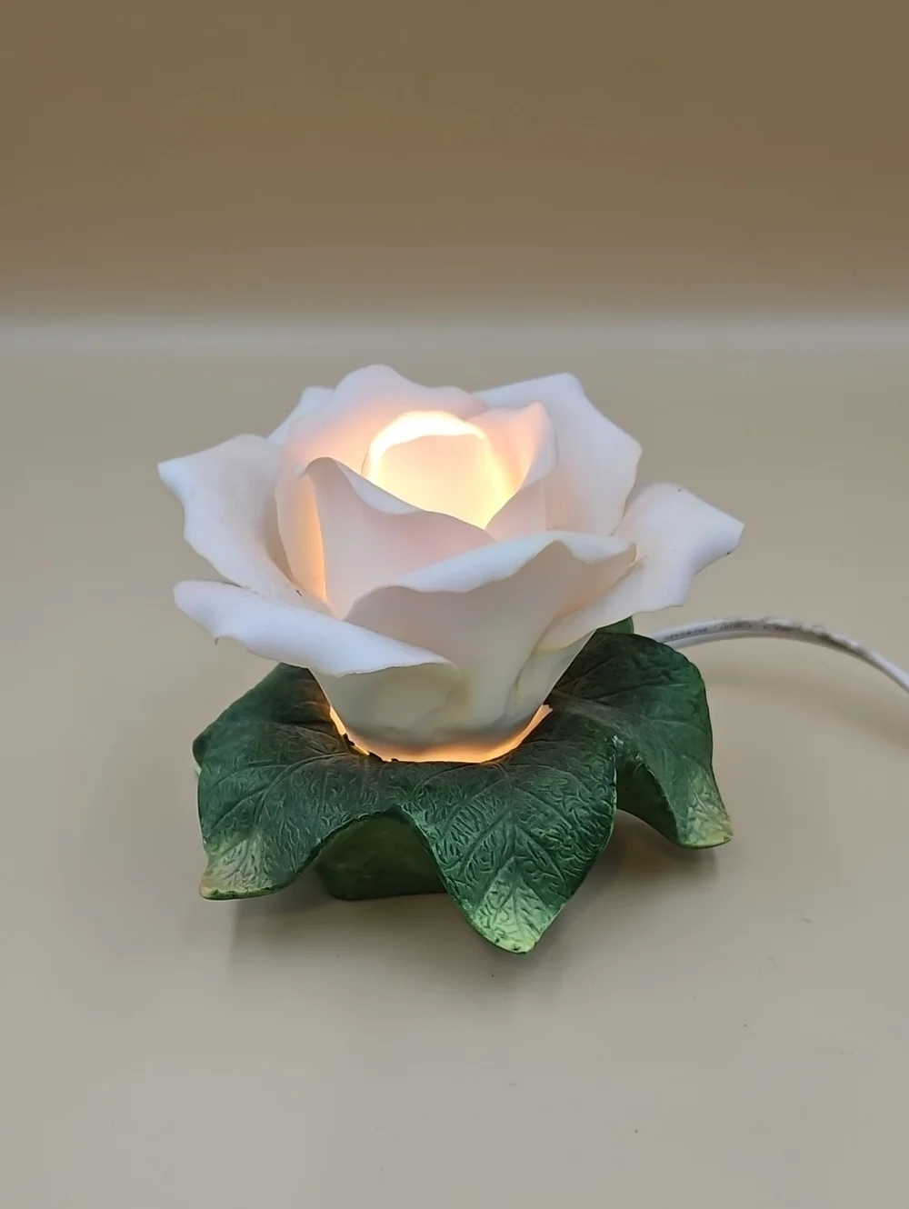 White Rose Night Light with Green Leaf Base